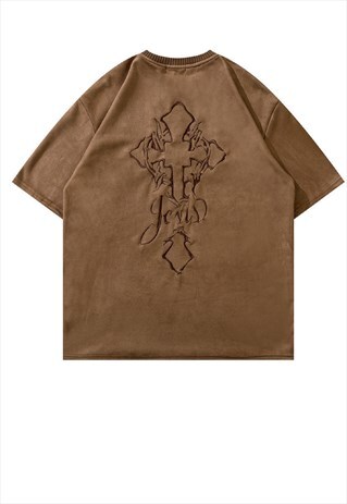 CROSS PATCH VELVET T-SHIRT Y2K EMBROIDERED TEE IN BROWN