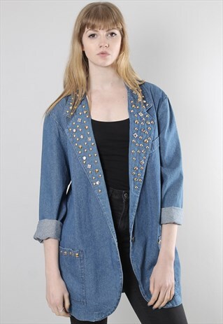 VINTAGE 80S DENIM STUDDED LONG BLAZER JACKET