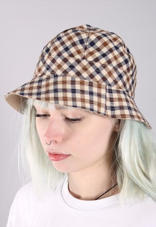 VINTAGE CHECK PATTERNED BUCKET CAP HAT