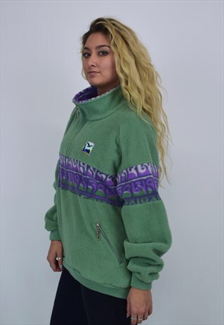 VINTAGE 90'S GREEN AND PURPLE PATTERNED FLEECE
