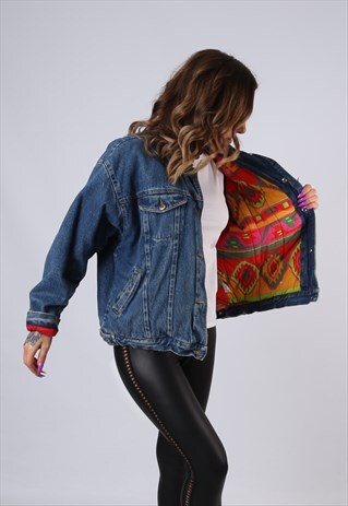 VINTAGE DENIM JACKET OVERSIZED LINED UK 14 LARGE BLUE (M3A)