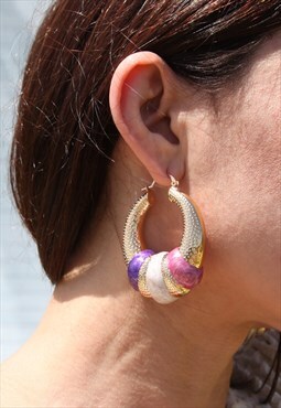 Unique gold tone/multi color enamel chunky hoop earrings