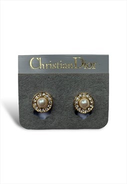 Vintage Dior Earrings Clip On faux pearl diamante Gold Tone