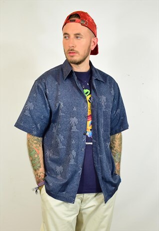 VINTAGE 90S BLUE PALM TREE SHIMMER PRINT FESTIVAL SHIRT