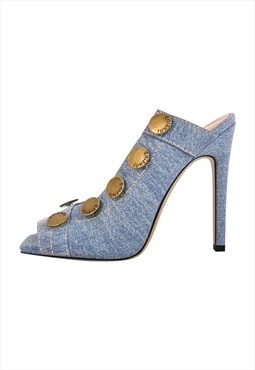 Square Toe Multi-Buckle Stiletto Denim Sandals