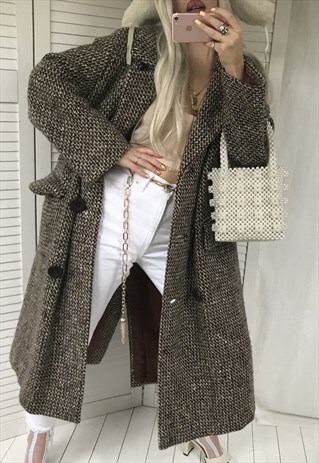 VINTAGE 1970S BROWN WOVEN OVERSIZED WOOL COAT