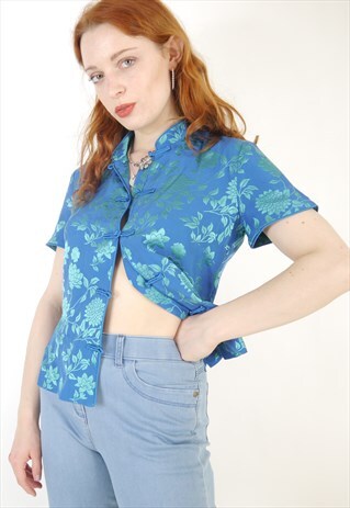 VINTAGE Y2K 90S BLUE SILK SATIN ORIENTAL BLOUSE SHIRT TOP