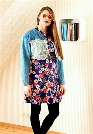 LIGHT BLUE FLORAL DENIM VINTAGE JACKET