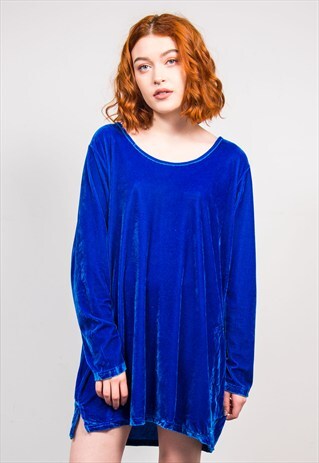 VINTAGE 90'S BLUE VELVET LONG SLEEVE OVERSIZE TOP DRESS