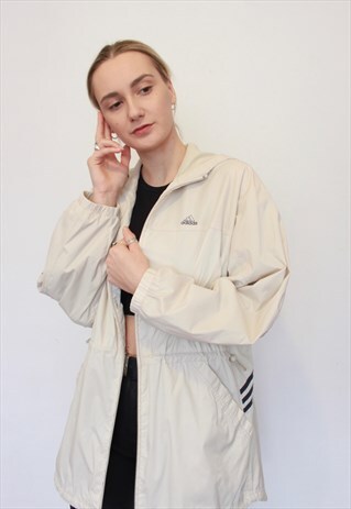 VINTAGE 90S RETRO ADIDAS CREAM RAIN COAT JACKET W HOOD