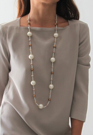 DEADSTOCK HANDMADE PEARLS/SEED BEAD/CRYSTALS LONG NECKLACE
