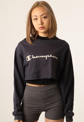 VINTAGE CHAMPION EMBROIDERED SPELL OUT CROPPED SWEATSHIRT