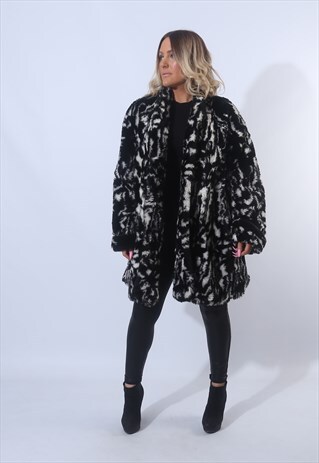 FAUX FUR COAT JACKET SHORT KNEE LENGTH VINTAGE UK 16 (B9BO)