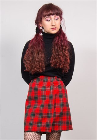 VINTAGE 90'S RED TARTAN PATTERN HIGH WAIST MINI SKIRT