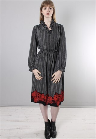 VINTAGE 80S STRIPED RUFFLE TRIM DRESS