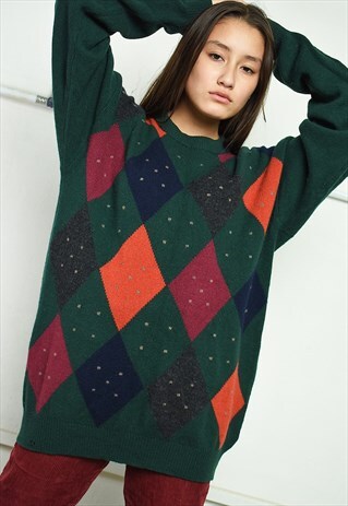 VINTAGE 70'S RETRO MOD ARGYLE PATTERN WOOL CABLE KNIT JUMPER