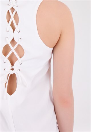 WHITE LACE UP BACK DETAIL A LINE DRESS