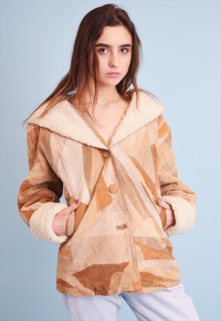 90'S RETRO NEUTRAL GENUINE SUEDE PATCHWORK SHEARLING JACKET