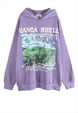 Purple Washed Drawing Graphic Oversized Hoodies Y2k