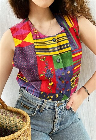VINTAGE 90S MARIANNE DAVID HIPPIE BOHO BLOUSE TOP GILET