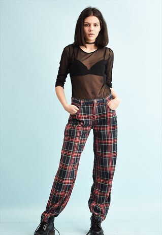 90'S RETRO REGULAR WAIST CHECKED PRINT TROUSERS