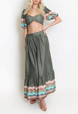 Zig Zag Hem Crop Top And Maxi Skirt Set In Khaki