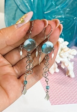 Y2K Silver and Sky Blue Glass Boho Drop Earrings