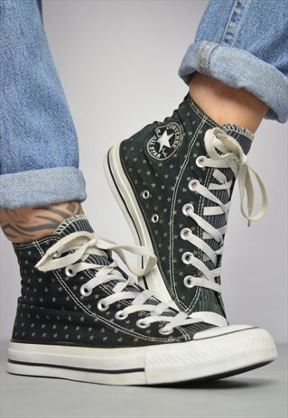 90S CONVERSE BLACK WITH GREY STARS & STRIPES PRINT HI-TOPS