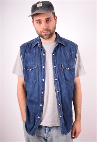 LEVI'S MENS VINTAGE DENIM SHIRT SLEEVELESS MEDIUM BLUE 90S