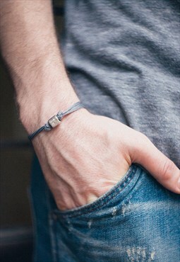 Silver plated tube bead bracelet for men grey cord gift