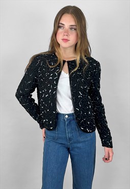 80's Vintage Black Crop Beaded Sequin Long Sleeve Jacket 