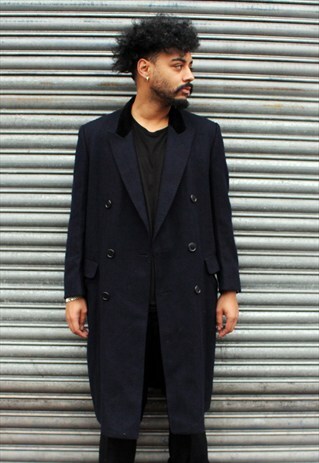 VINTAGE NAVY WOOL COAT WITH VELVET LAPELS