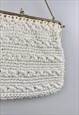 60'S WHITE RAFFIA WOVEN FABRIC BAG GOLD METAL CHAIN