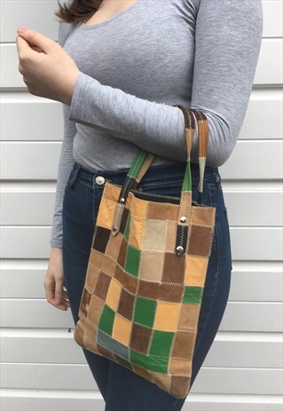 WOMENS VINTAGE 70S BAG MULTI COLOUR PATCHWORK LEATHER BAG