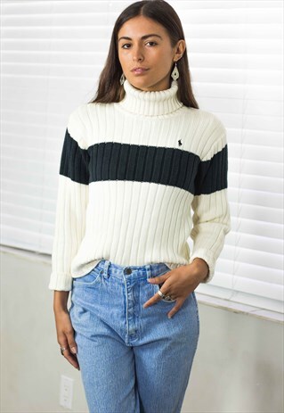 VINTAGE POLO RALPH LAUREN ROLL NECK JUMPER LOGO 90S M 19.4