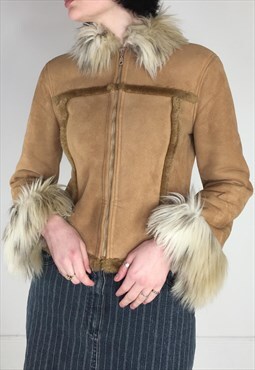 Vintage 90s Jacket Afgan Fur Trime Boho Y2k Zip Up 