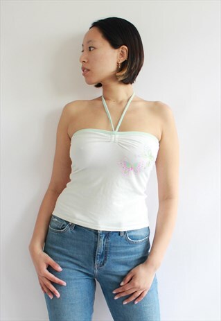 Y2K WHITE BUTTERFLY HALTER TOP