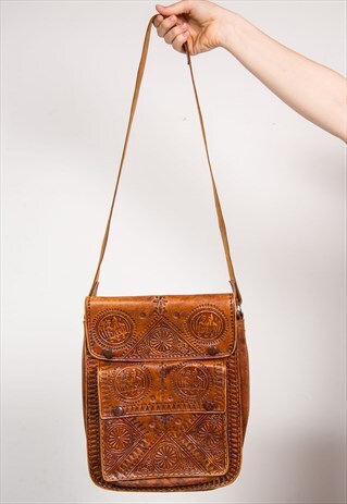 90'S VINTAGE BROWN SATCHEL TOOLED LEATHER SHOULDER BAG