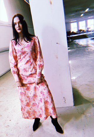 VINTAGE 70'S FLORAL PRINT MINIMALIST MAXI DRESS IN PINK