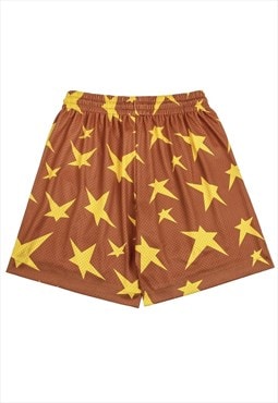 Basketball mesh shorts star print cropped pants in orange