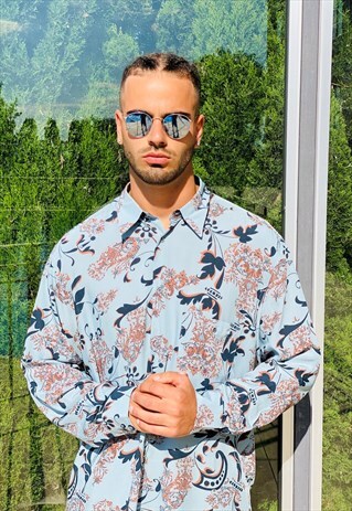 VINTAGE 90'S LIGHT BLUE ALL OVER PRINTED FLORAL SHIRT