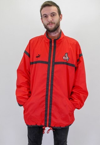 VINTAGE PUMA WINDBREAKER LOGO JACKET IN RED XL