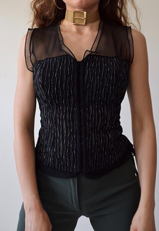 VINTAGE 90S DESIGNER CORSET-STYLE BUSTIER HOOK EYE SHEER TOP