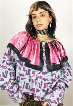 Upcycled Ruffled Blouse In Abstract Blue And Hot Pink