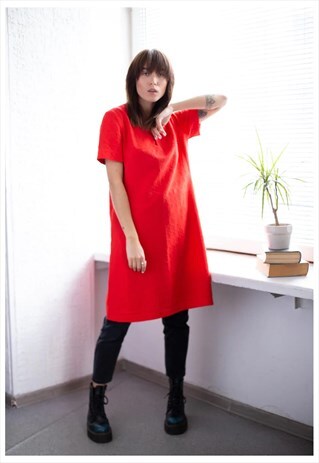 VINTAGE 70'S RED MIDI TEXTURED SHORT SLEEVED DRESS