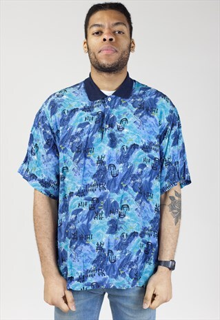 VINTAGE 90S PATTERNED BLUE TWO BUTTON SHIRT