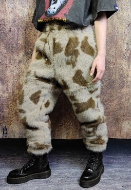 Faux fur joggers detachable leopard fleece trousers in brown