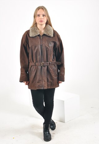 VINTAGE REAL LEATHER LINED COAT IN BROWN