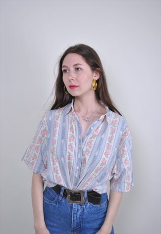 70S FLORAL PATTERN STRIPED BOHO SHIRT, SIZE L
