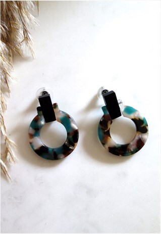 GREEN TORTOISESHELL ACRYLIC RESIN PLASTIC ROUND EARRINGS